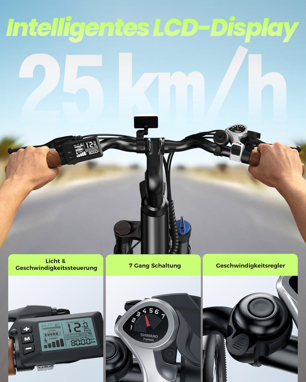 Finbike 26 Zoll E Bike für Erwachsene, 7-Gang Elektrofahrrad mit abnehmbarem 36V 13Ah Akku, 25 km/h und 70KM Reichweite, voll ausgestattet mit Ablagen, Autolampen und Stoßdämpfung