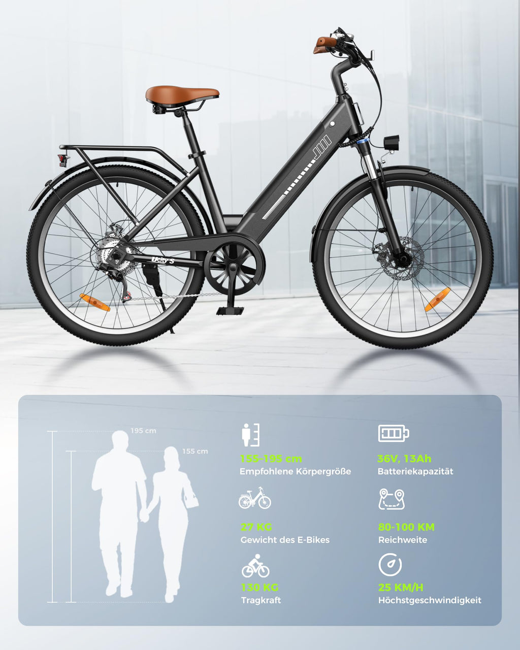 Finbike 26 Zoll E Bike für Erwachsene, 7-Gang Elektrofahrrad mit abnehmbarem 36V 13Ah Akku, 25 km/h und 70KM Reichweite, voll ausgestattet mit Ablagen, Autolampen und Stoßdämpfung