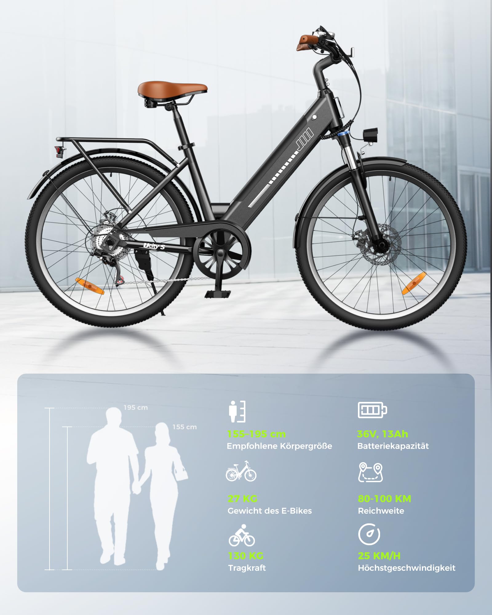 Finbike 26 Zoll E Bike für Erwachsene, 7-Gang Elektrofahrrad mit abnehmbarem 36V 13Ah Akku, 25 km/h und 70KM Reichweite, voll ausgestattet mit Ablagen, Autolampen und Stoßdämpfung