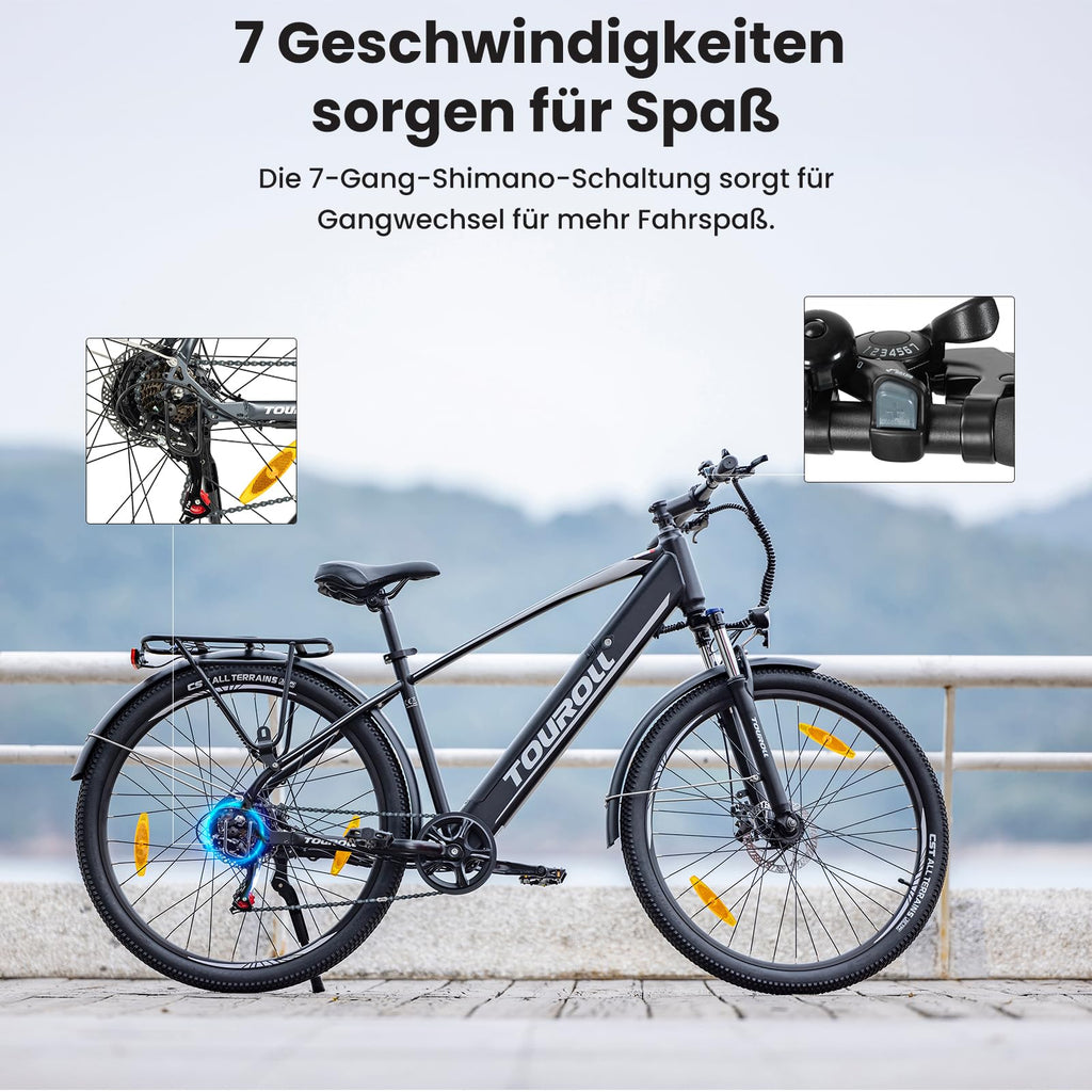 Touroll 27,5 Zoll E Bike, Elektrofahrrad E-Bike Herren Damen mit 36V 15.6Ah 561.6Wh Akku, Bis zu 100KM, 250W Motor, E-Fahrrad mit 7-Gang-Getriebe, Pedelec Citybike EBike für Trekking J1
