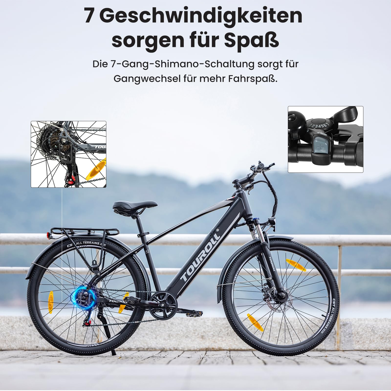 Touroll 27,5 Zoll E Bike, Elektrofahrrad E-Bike Herren Damen mit 36V 15.6Ah 561.6Wh Akku, Bis zu 100KM, 250W Motor, E-Fahrrad mit 7-Gang-Getriebe, Pedelec Citybike EBike für Trekking J1