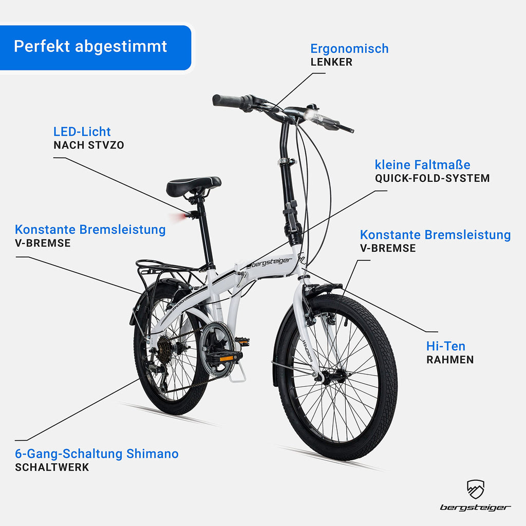 Bergsteiger Windsor 20 Zoll Faltrad, Klapprad, 6 Gang-Schaltung, LED Batterie-Licht, Quick-Fold-System, Klappfahrrad