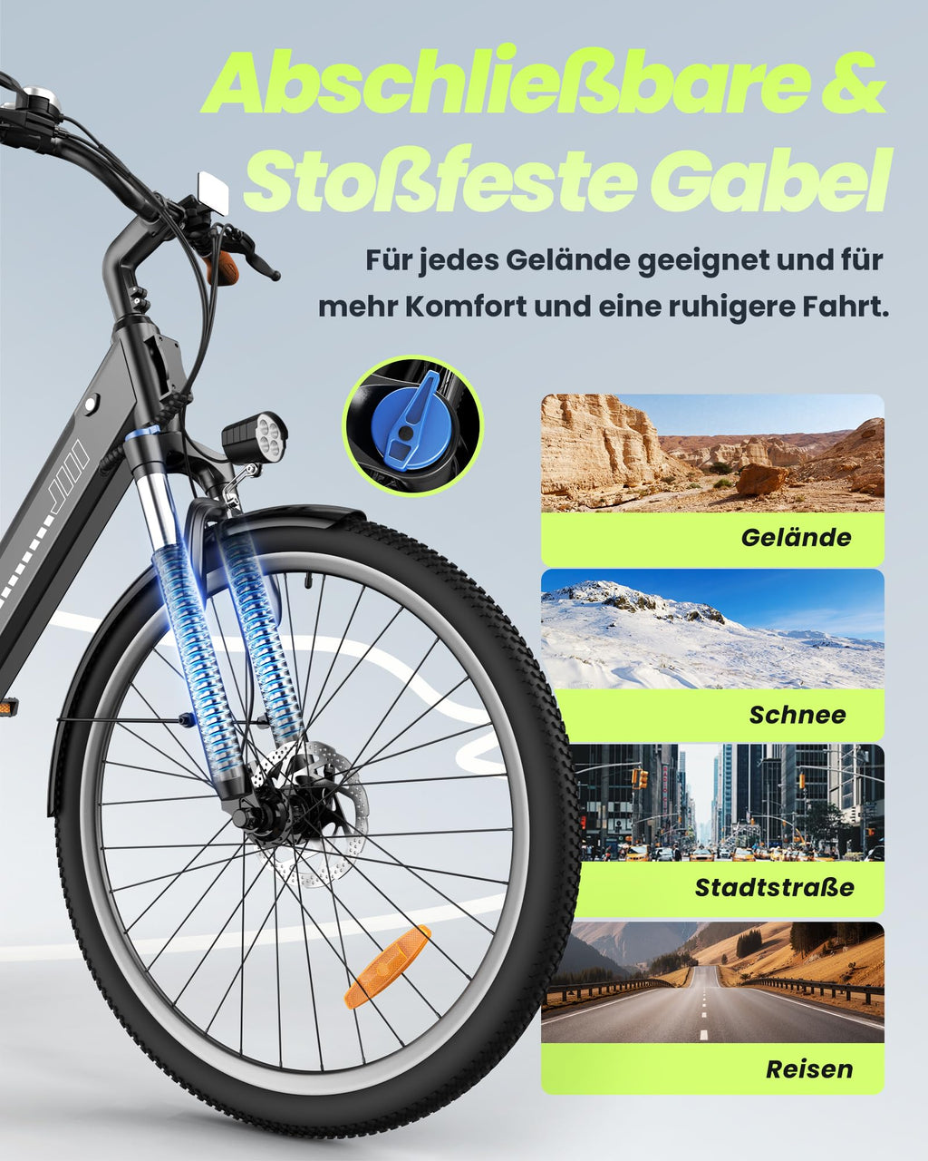 Finbike 26 Zoll E Bike für Erwachsene, 7-Gang Elektrofahrrad mit abnehmbarem 36V 13Ah Akku, 25 km/h und 70KM Reichweite, voll ausgestattet mit Ablagen, Autolampen und Stoßdämpfung